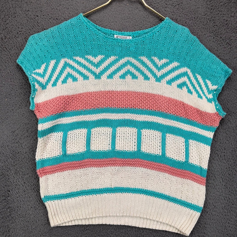 Campus Casuals of California Vintage 80s Knit Sweater Vest Teal Pink Geometric